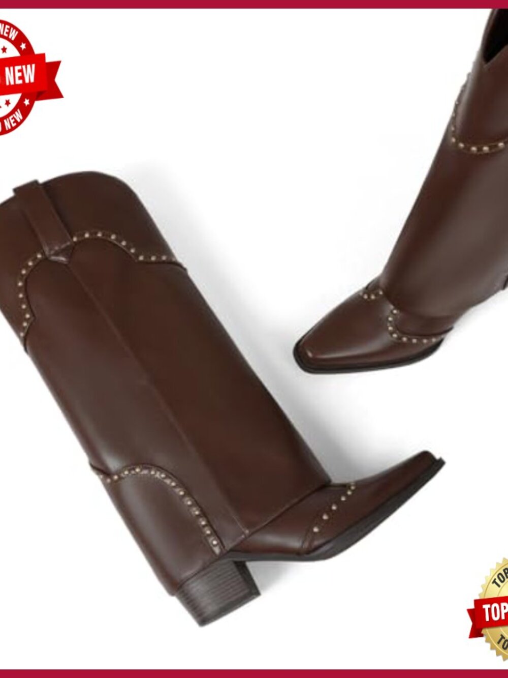 Knee High Fold Over Cowboy Boots Chunky Heel Studded Pull On Snip Toe - Picture 2 of 7
